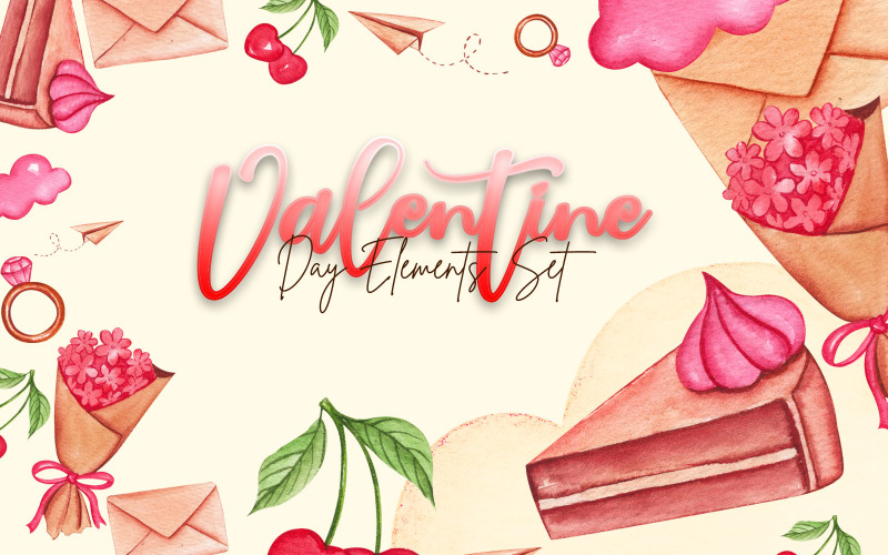 Watercolor Elements Valentine Set V03 Illustration