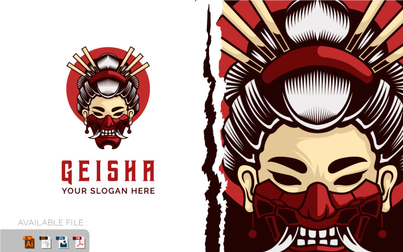 Geisha With Hanya Mask Samurai Warrior Logo vintage vector illustration Logo Template