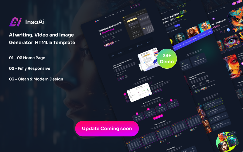 InsoAi - AI writing, Video, and Image Generator HTML5 Template. Website Template