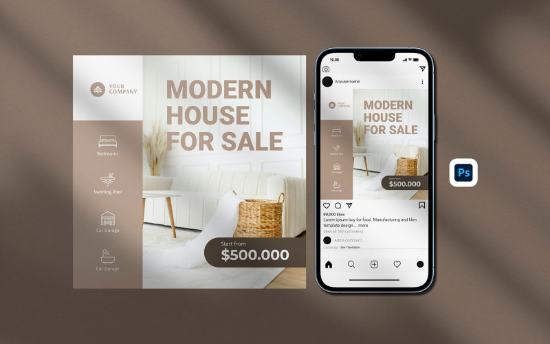 Modern Flat Real Estate Instagram Post Template Social Media