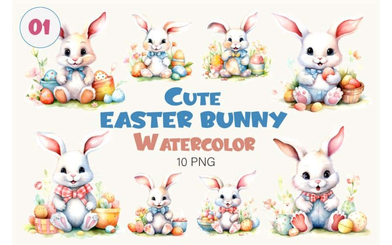 Cute Easter Bunny 01. Watercolor, PNG. Illustration