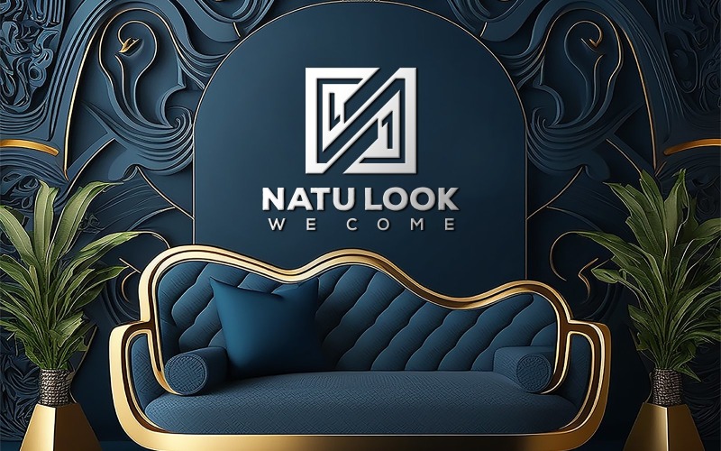 Blue interior logo mockup | blue wall logo mockup | logo mockup on the blue wall Product Mockup