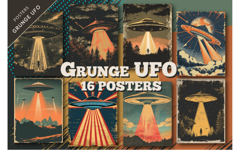 Grunge UFO posters. Retro Art. Illustration