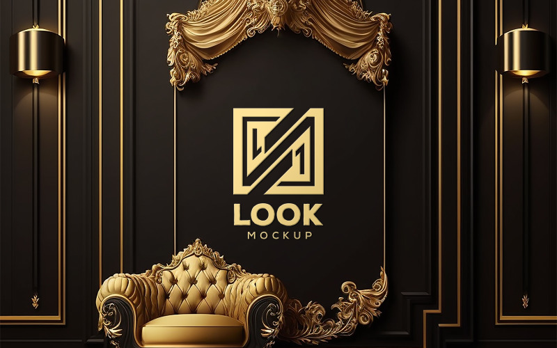 Logo Mockup | Black Wall Interior Mockup | gold Neon Light wall mockup Product Mockup
