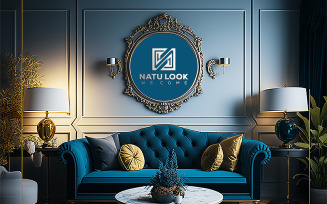 Luxury Living Room Mockup | blue Wall Logo Mockup | Sing Logo Mockup