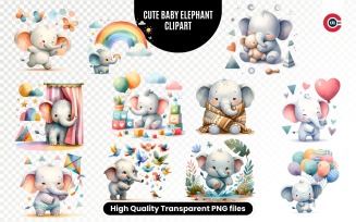 Cute elephant clipart, Baby elephant watercolor clipart transparent PNG pack