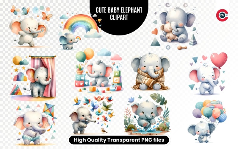 Cute elephant clipart, Baby elephant watercolor clipart transparent PNG pack Illustration