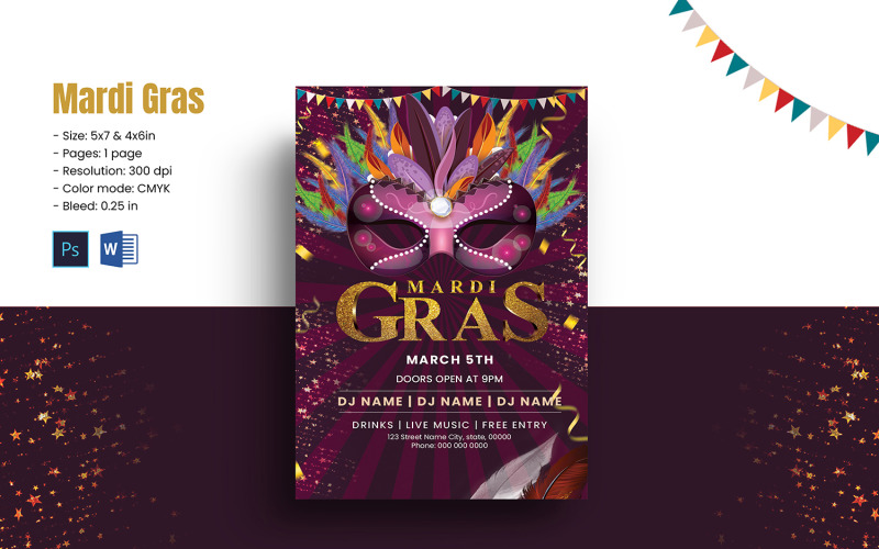 Mardi Gras Party Invitation Flyer Template. Word and Psd Corporate Identity