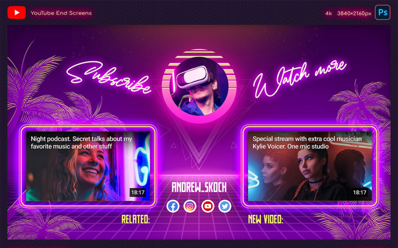 Neon YouTube End Screen Template Illustration