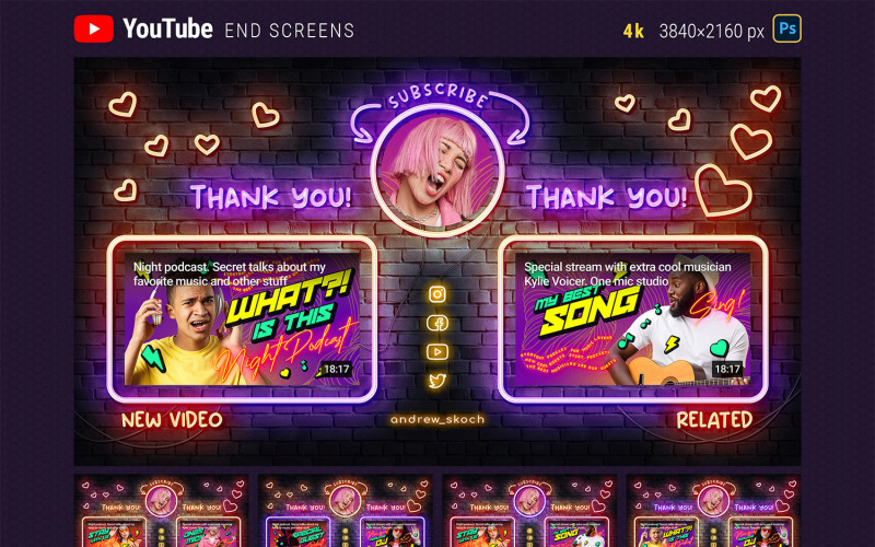 5 Neon YouTube End Screen Templates Illustration