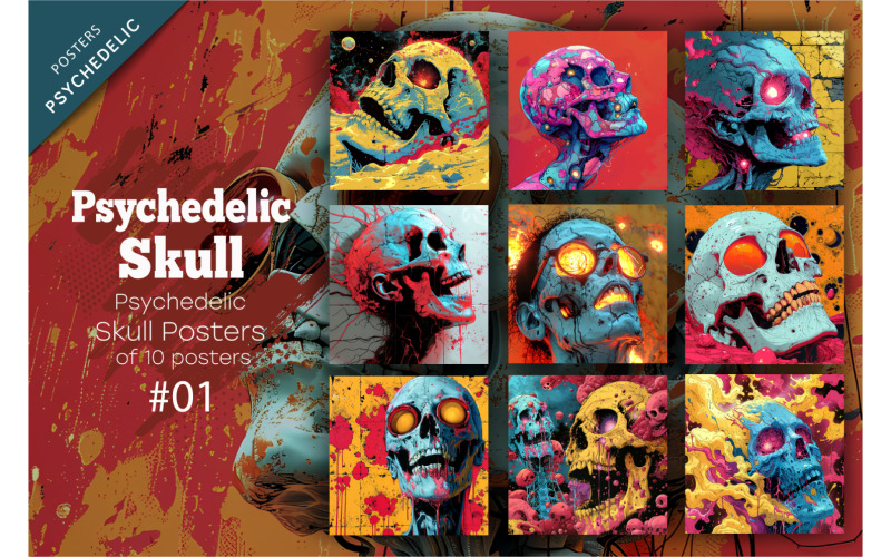 Psychedelic Skull posters 01. Wall decor. Illustration