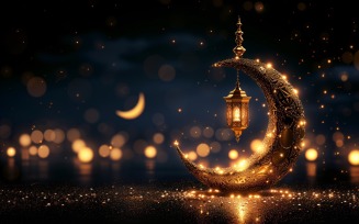 Ramadan greeting banner with Golden Moon & lantern & Golden colors glitter Background