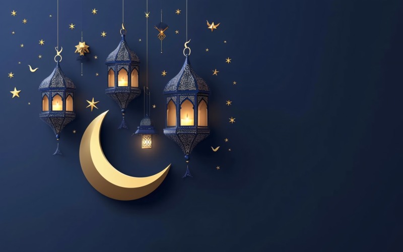 Ramadan Kareem greeting banner design with dark blue lantern & golden moon on the bark blue Background