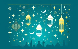 Ramadan Kareem greeting banner design with Golden & white lantern moon star & Mosque minar