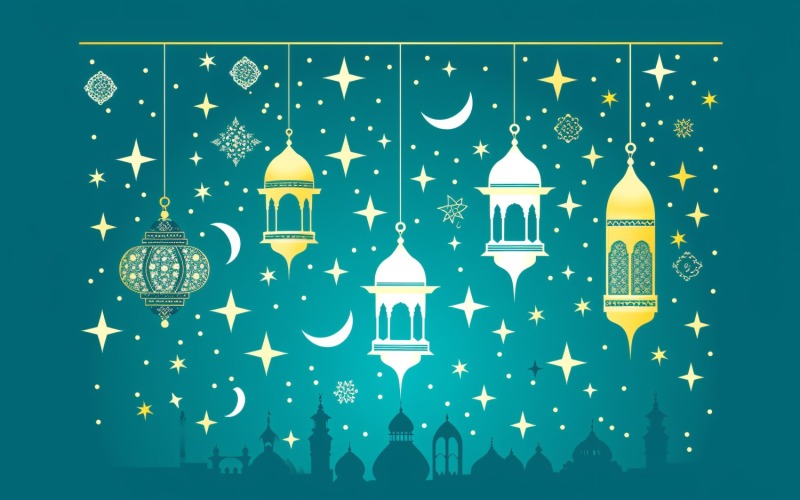 Ramadan Kareem greeting banner design with Golden & white lantern moon star & Mosque minar Background