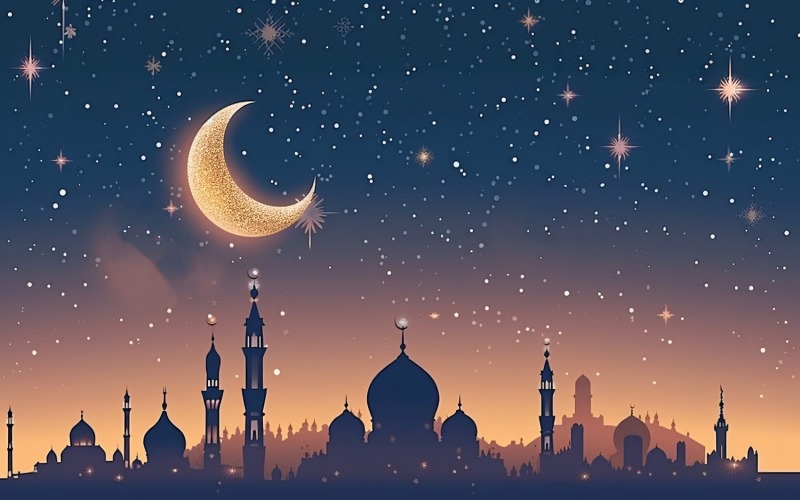 Ramadan Kareem greeting banner design with Golden color glitter & moon & Mosque minar Background