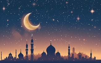 Ramadan Kareem greeting banner design with Golden color glitter & moon & Mosque minar