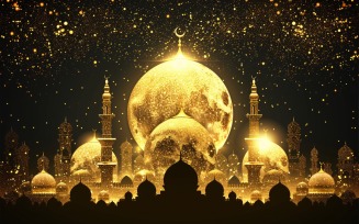 Ramadan Kareem greeting banner design with Golden colors glitter & moon and Mosque minar