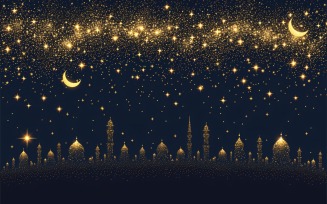 Ramadan Kareem greeting Banner design with golden colors glitter & Mosque minar