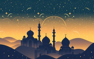 Ramadan Kareem greeting banner design with Golden colors glitter and Mosque minar in the desert