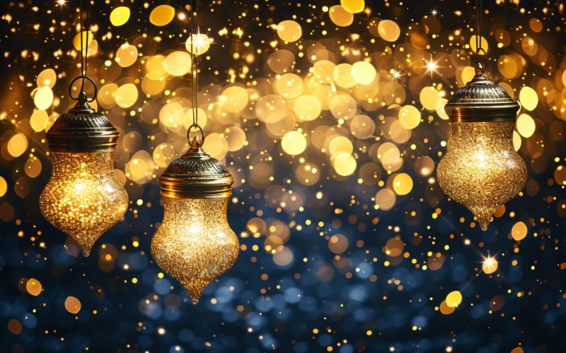 Ramadan Kareem greeting banner design with Golden lantern & golden colors glitter Background