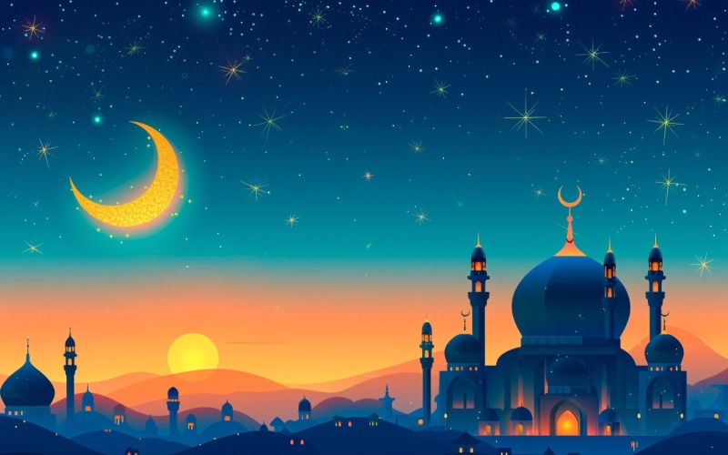 Ramadan Kareem greeting banner design with Golden moon and Mosque minar 0 Background