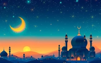 Ramadan Kareem greeting banner design with Golden moon and Mosque minar 0