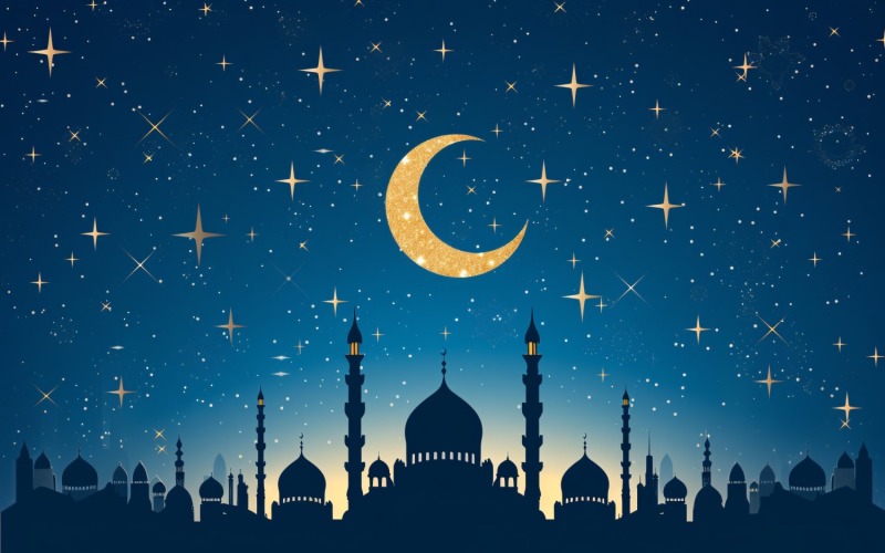 Ramadan Kareem greeting banner design with golden moon and Mosque minar. 1 Background