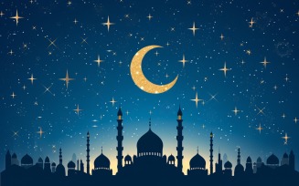 Ramadan Kareem greeting banner design with golden moon and Mosque minar. 1