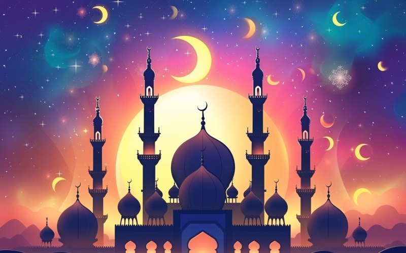 Ramadan Kareem greeting banner design with Golden moon and Mosque minar Background