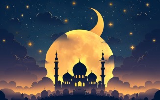 Ramadan Kareem greeting banner design with golden moon and Mosque minar.