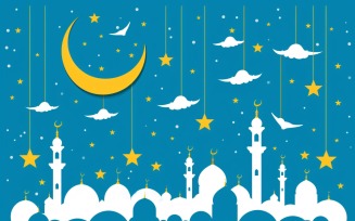 Ramadan Kareem greeting banner design with Golden moon and star and Mosque minar