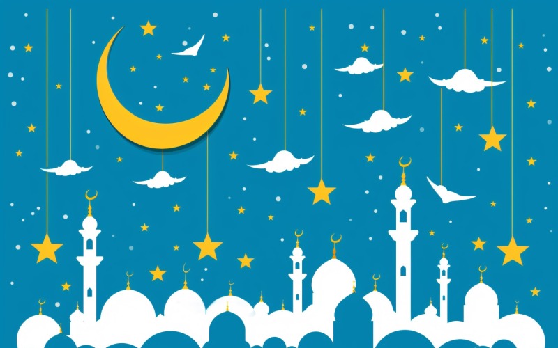 Ramadan Kareem greeting banner design with Golden moon and star and Mosque minar Background