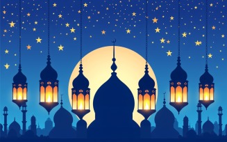 Ramadan Kareem greeting banner design with leaves and lantern
