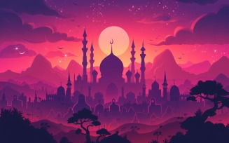 Ramadan Kareem greeting banner design with moon and cloud and Mosque minar