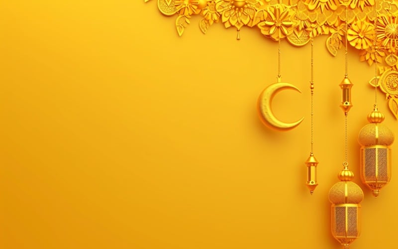 Ramadan Kareem greeting banner design with moon and lantern and flower hinging on the yellow Background