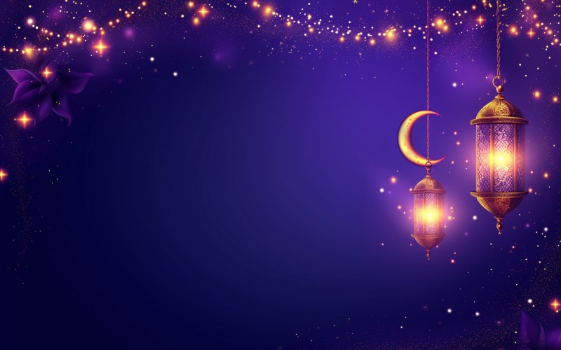 Ramadan Kareem greeting banner design with moon and lantern on dark purple background Background
