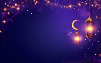 Ramadan Kareem greeting banner design with moon and lantern on dark purple background