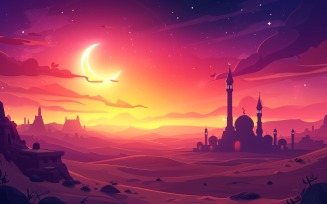 Ramadan Kareem greeting banner design with moon and Mosque minar on the Desert