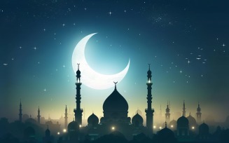 Ramadan Kareem greeting banner design with moon and Mosque minar