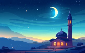 Ramadan Kareem greeting banner design with moon and purple color Mosque minar on the snow mountain