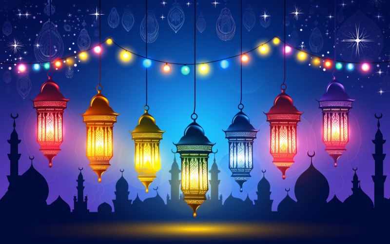 Ramadan Kareem greeting banner design with Mosque minar deferent color lantern and light Background