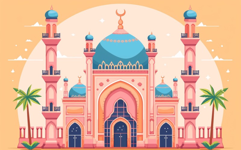 Ramadan Kareem greeting banner design with pastel Pink colors Mosque minar and trees Background