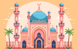 Ramadan Kareem greeting banner design with pastel Pink colors Mosque minar and trees