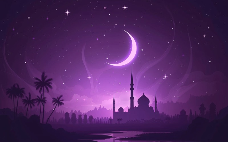 Ramadan Kareem greeting banner design with purple color moon and Mosque minar Background