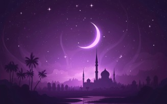 Ramadan Kareem greeting banner design with purple color moon and Mosque minar