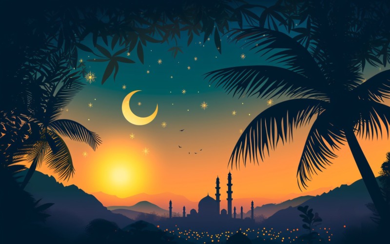 Ramadan Kareem greeting banner design with trees golden moon and Mosque minar Background