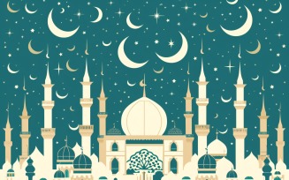 Ramadan Kareem greeting banner design with white and creem colors moon and Mosque minar