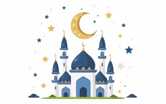 Ramadan Kareem greeting banner with golden moon and blue and golden star and mosque minar