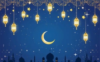 Ramadan Kareem greeting card banner design with Golden lantern moon and Mosque minar